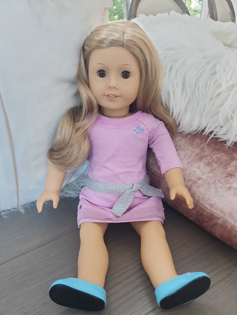 American Girl Doll with Purple Dress and Blue Shoes